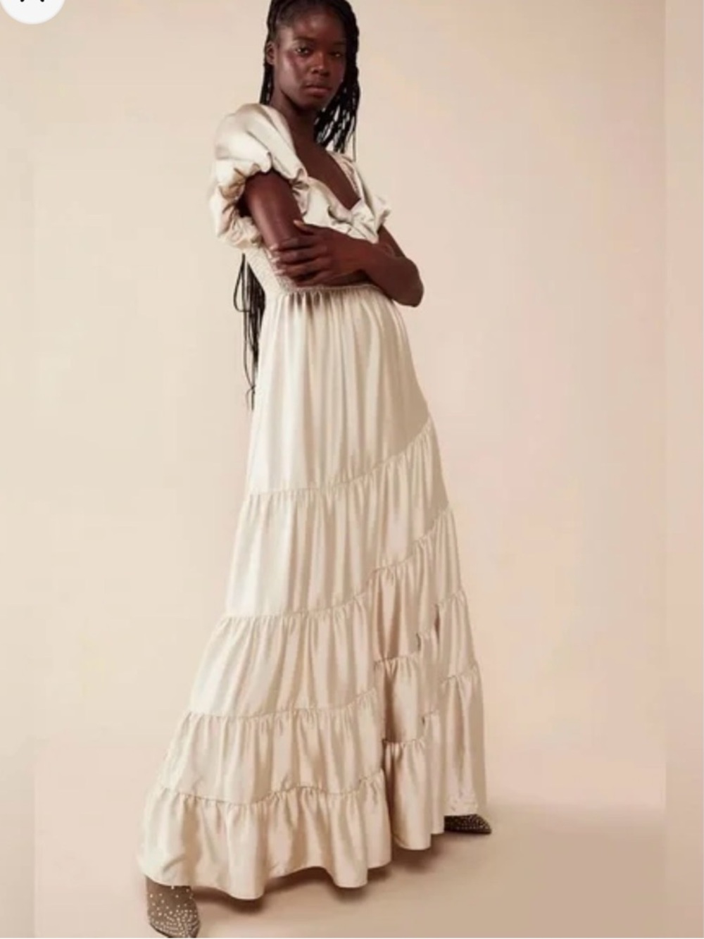 Free People Cream Tiered Maxi Dress with Puff Sleeves